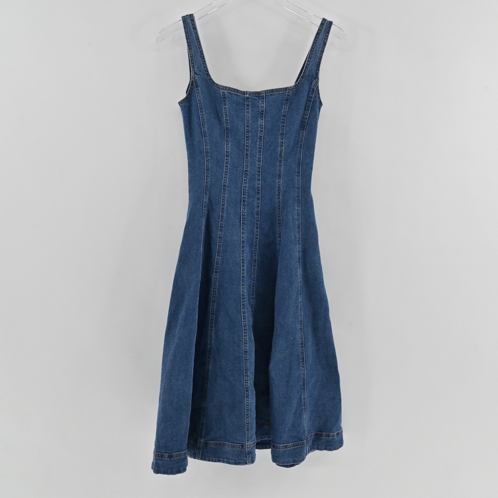 House of Harlow 1960 Denim Midi Dress Womens Size S Blue Square Neck Fit Flare